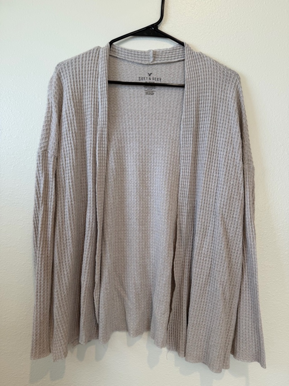 American Eagle Outfitters Open Waffle-Knit Cardigan in Light Gray-Beige